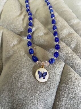 Handmade Blue Beaded Butterfly Pendant Necklace - Women Jewelry